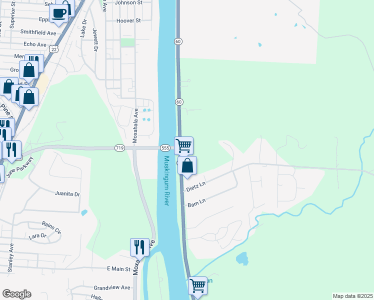 map of restaurants, bars, coffee shops, grocery stores, and more near 1890 South River Road in Zanesville