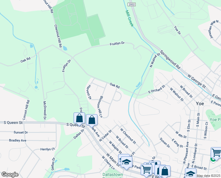 map of restaurants, bars, coffee shops, grocery stores, and more near 613 Blossom Hill Lane in Dallastown