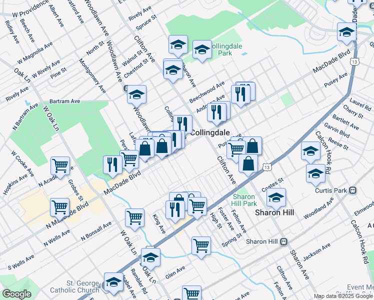 map of restaurants, bars, coffee shops, grocery stores, and more near 910 Macdade Boulevard in Collingdale
