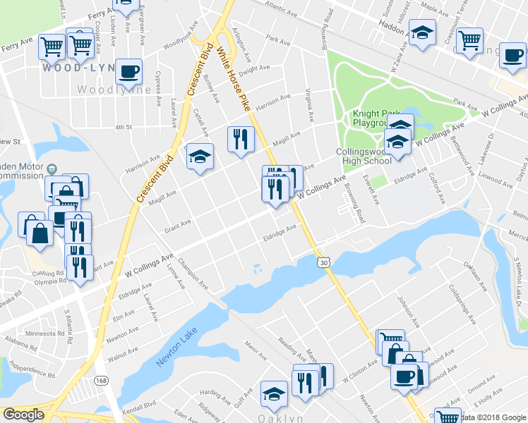 map of restaurants, bars, coffee shops, grocery stores, and more near 705 Collings Avenue in Oaklyn