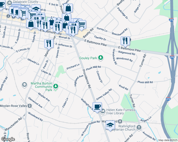 map of restaurants, bars, coffee shops, grocery stores, and more near 4 Plush Mill Road in Delaware County