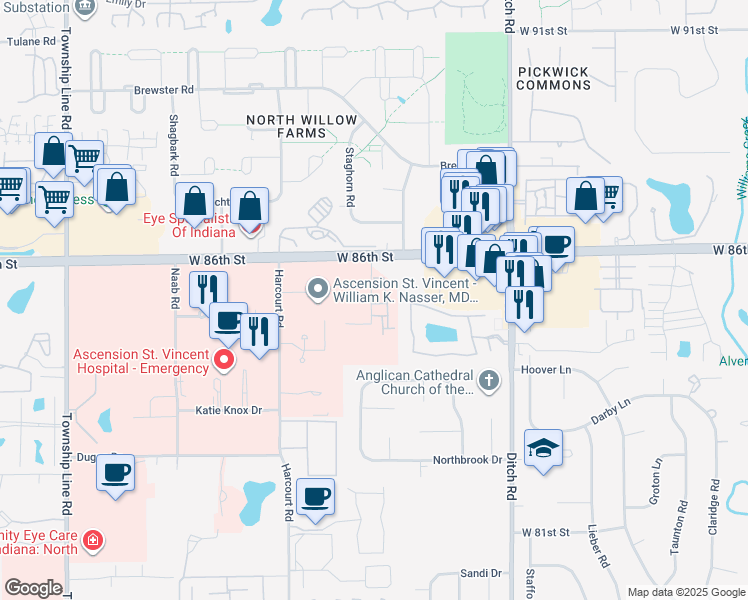 map of restaurants, bars, coffee shops, grocery stores, and more near 1658 Willowpoint Drive in Indianapolis