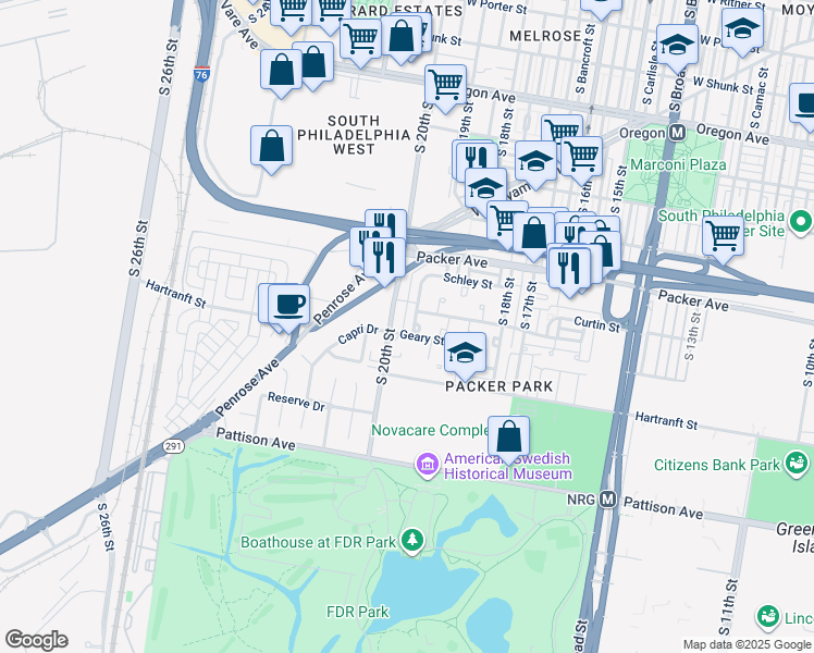 map of restaurants, bars, coffee shops, grocery stores, and more near 3192 South Uber Street in Philadelphia