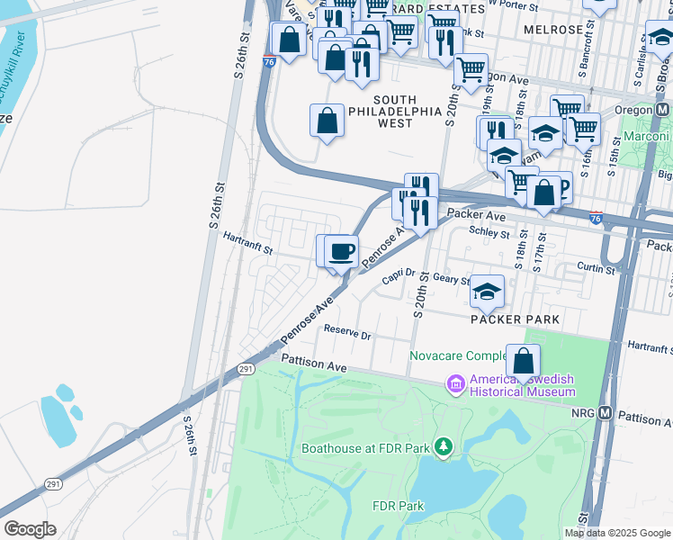 map of restaurants, bars, coffee shops, grocery stores, and more near 3309 Penrose Ferry Road in Philadelphia