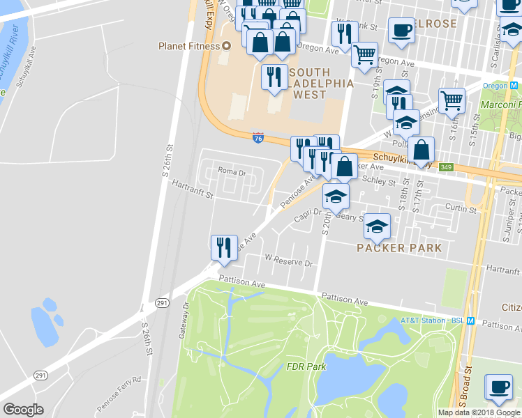 map of restaurants, bars, coffee shops, grocery stores, and more near 3309 Penrose Ferry Road in Philadelphia