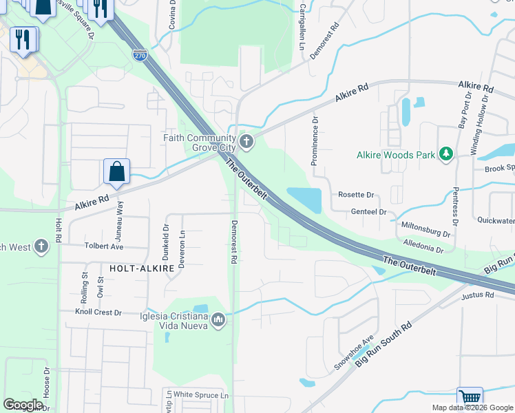 map of restaurants, bars, coffee shops, grocery stores, and more near 4201 Bridgepoint Boulevard in Columbus