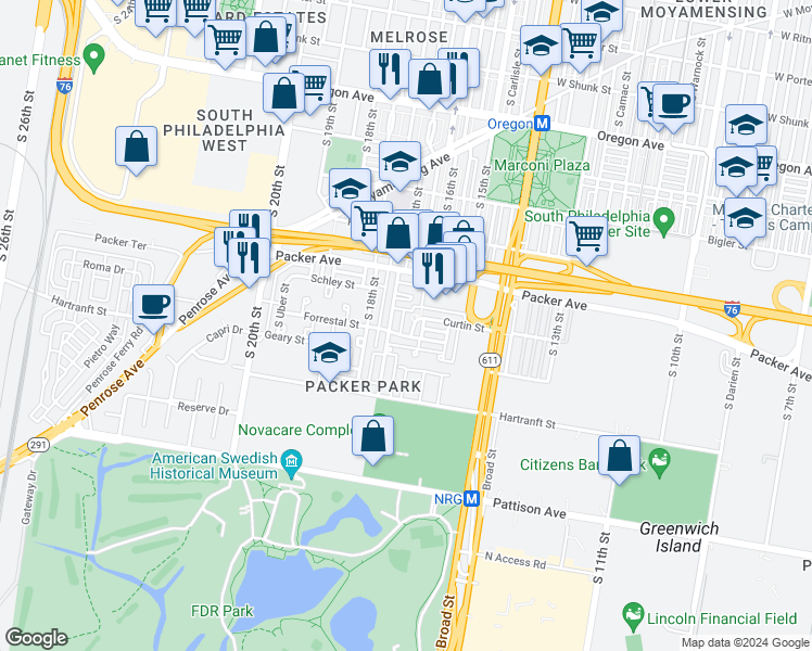 map of restaurants, bars, coffee shops, grocery stores, and more near 3162 South Smedley Street in Philadelphia