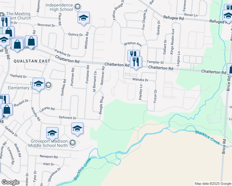 map of restaurants, bars, coffee shops, grocery stores, and more near 3382 Winter Lane Park in Columbus