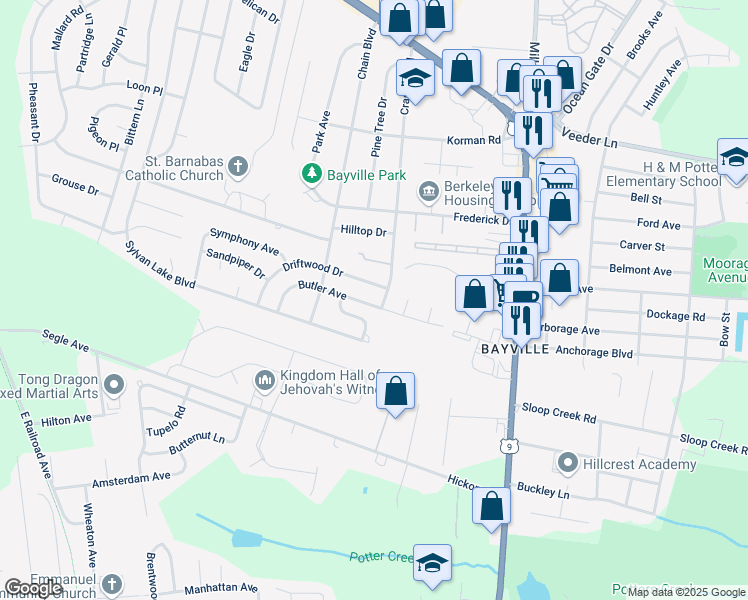 map of restaurants, bars, coffee shops, grocery stores, and more near 67 Butler Avenue in Ocean County