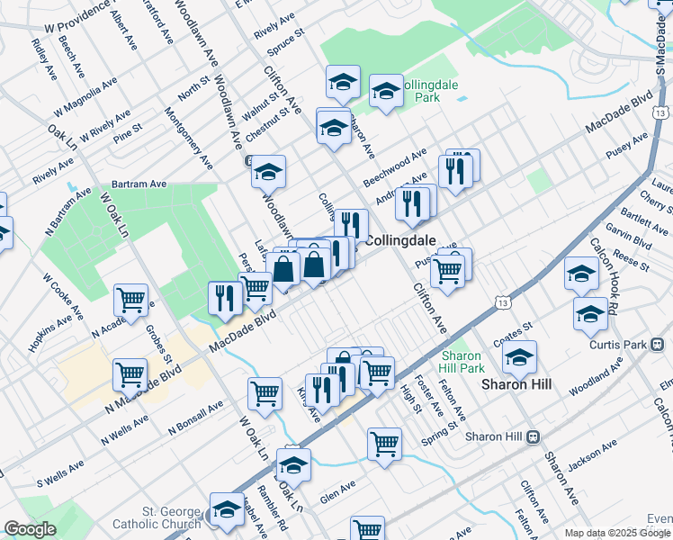map of restaurants, bars, coffee shops, grocery stores, and more near in Collingdale