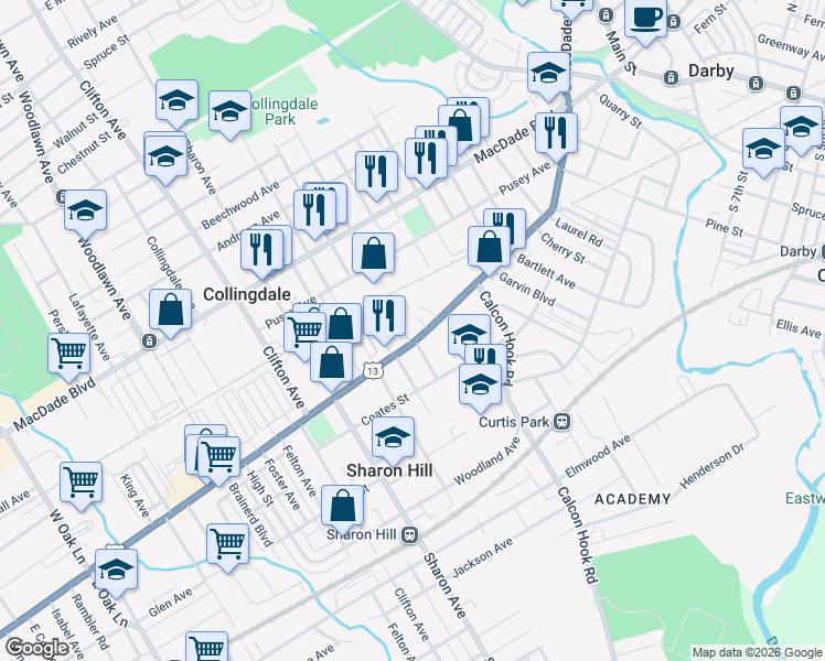 map of restaurants, bars, coffee shops, grocery stores, and more near 837 Chester Pike in Sharon Hill