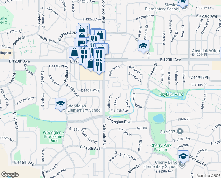 map of restaurants, bars, coffee shops, grocery stores, and more near 4045 East 118th Avenue in Thornton