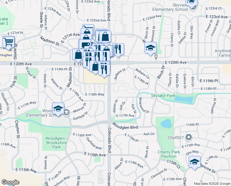 map of restaurants, bars, coffee shops, grocery stores, and more near 4045 East 118th Avenue in Thornton