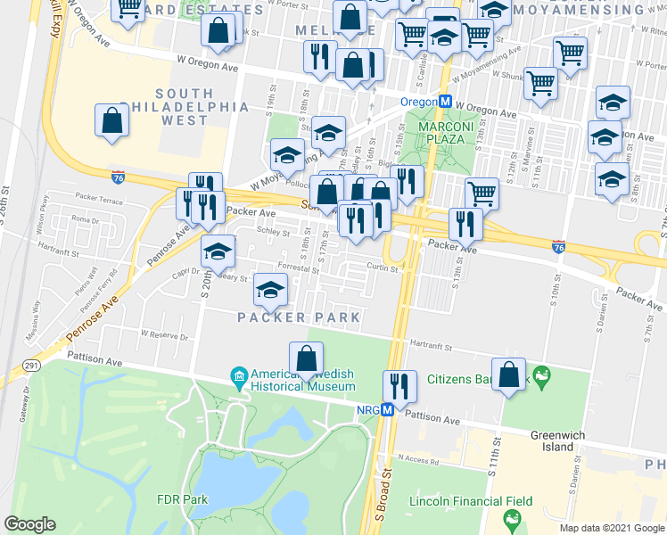 map of restaurants, bars, coffee shops, grocery stores, and more near 3162 S Smedley St in Philadelphia