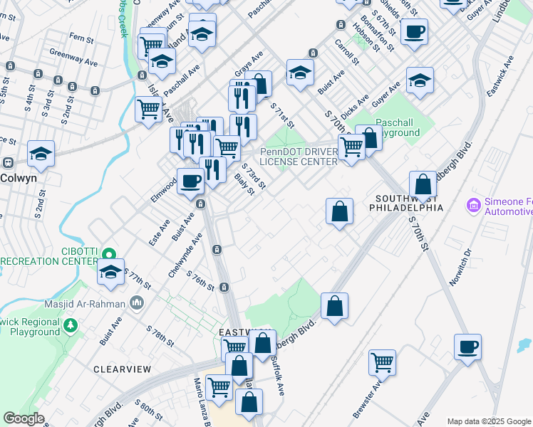 map of restaurants, bars, coffee shops, grocery stores, and more near 7311 Kinglet Place in Philadelphia