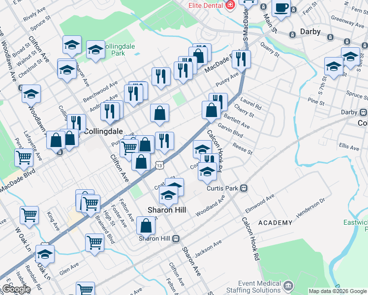 map of restaurants, bars, coffee shops, grocery stores, and more near 837 Chester Pike in Sharon Hill