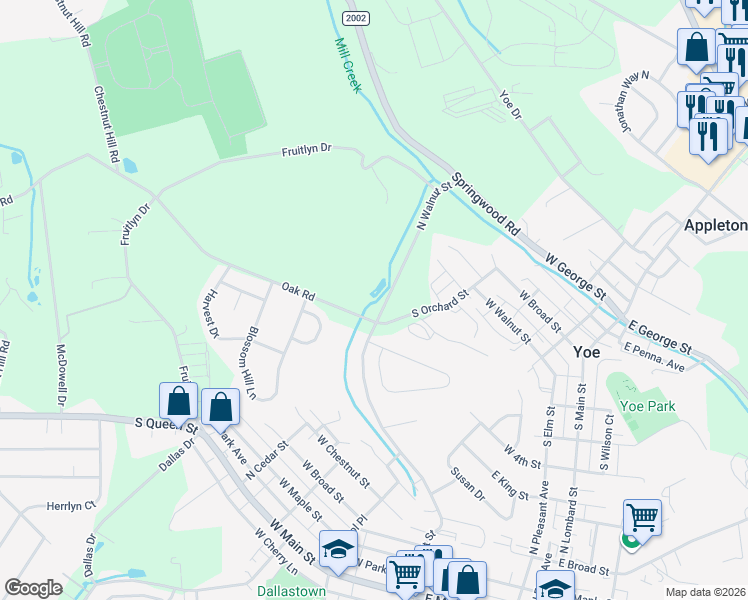 map of restaurants, bars, coffee shops, grocery stores, and more near 695 Oak Road in Dallastown
