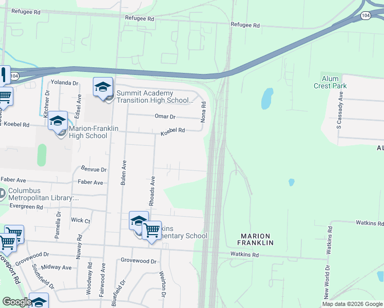 map of restaurants, bars, coffee shops, grocery stores, and more near 1678 Dewberry Road in Columbus