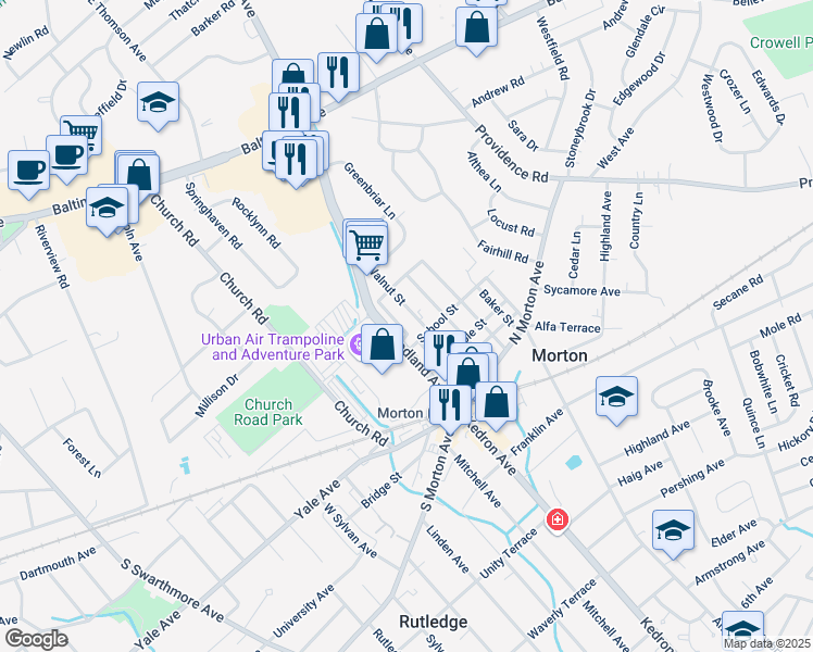 map of restaurants, bars, coffee shops, grocery stores, and more near 221 Woodland Avenue in Morton
