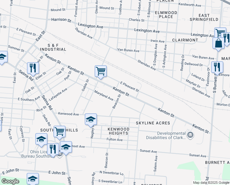 map of restaurants, bars, coffee shops, grocery stores, and more near 1628 Maryland Avenue in Springfield
