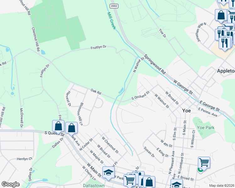 map of restaurants, bars, coffee shops, grocery stores, and more near 695 Oak Road in Dallastown