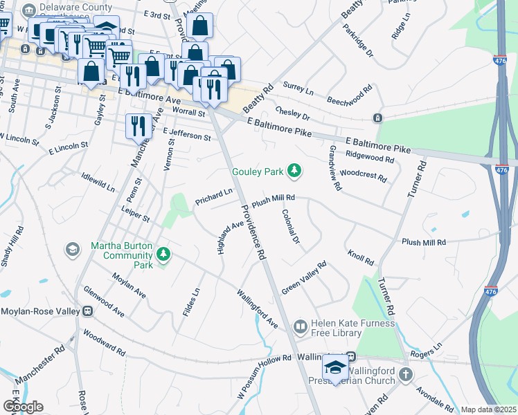 map of restaurants, bars, coffee shops, grocery stores, and more near 4 Plush Mill Road in Delaware County