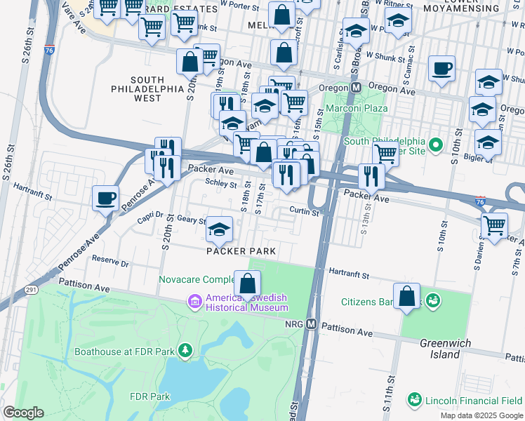 map of restaurants, bars, coffee shops, grocery stores, and more near 3163 South 17th Street in Philadelphia