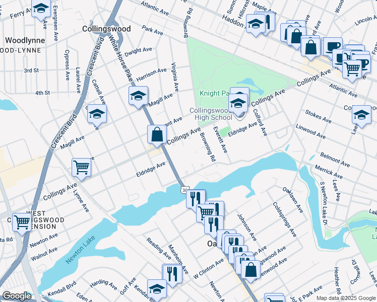 map of restaurants, bars, coffee shops, grocery stores, and more near 525 Newton Avenue in Collingswood