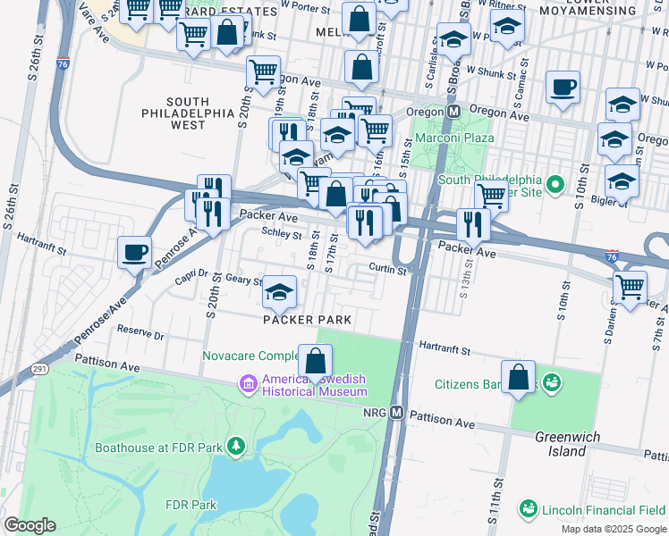 map of restaurants, bars, coffee shops, grocery stores, and more near 3163 South 17th Street in Philadelphia