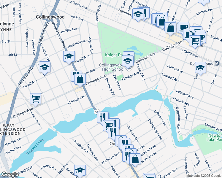 map of restaurants, bars, coffee shops, grocery stores, and more near 700 Browning Road in Collingswood