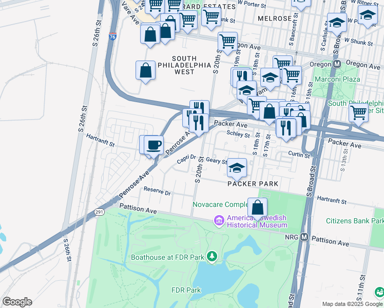 map of restaurants, bars, coffee shops, grocery stores, and more near 2021 Capri Drive in Philadelphia