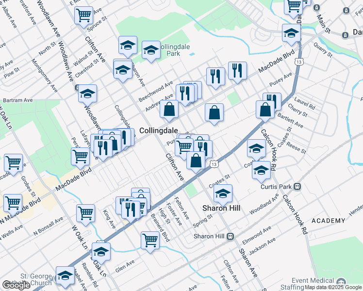 map of restaurants, bars, coffee shops, grocery stores, and more near 99 Sharon Avenue in Collingdale