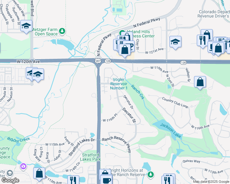 map of restaurants, bars, coffee shops, grocery stores, and more near 11705 Decatur Street in Westminster