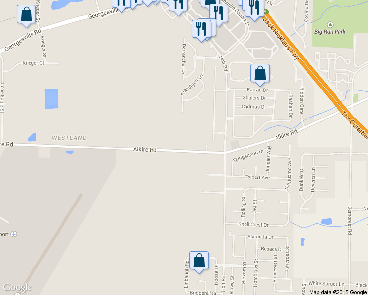 map of restaurants, bars, coffee shops, grocery stores, and more near 4810 Alkire Road in Grove City