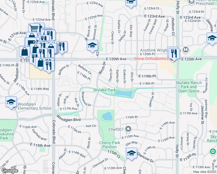map of restaurants, bars, coffee shops, grocery stores, and more near 4522 East 118th Place in Thornton
