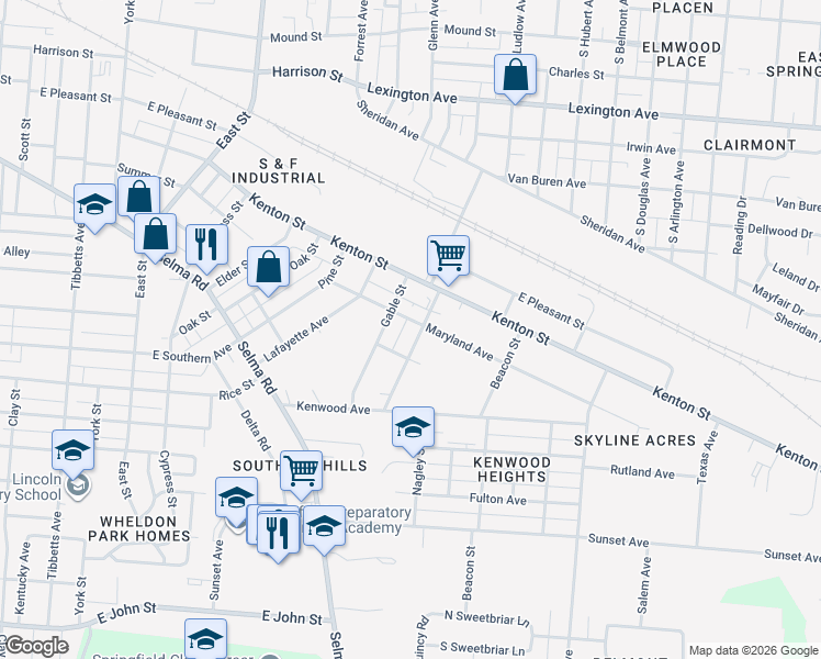 map of restaurants, bars, coffee shops, grocery stores, and more near 1015 Burt Street in Springfield