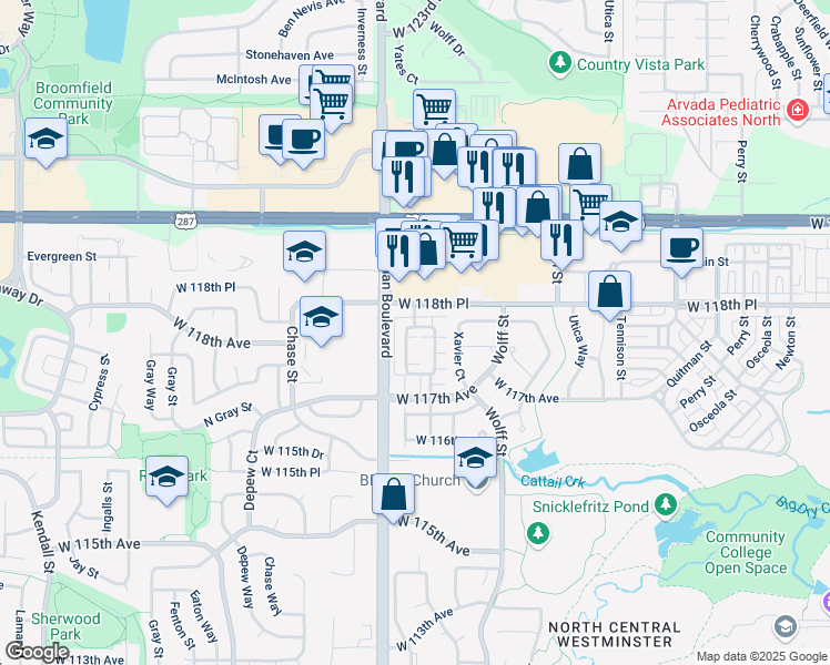 map of restaurants, bars, coffee shops, grocery stores, and more near 11775 Zenobia Loop in Westminster
