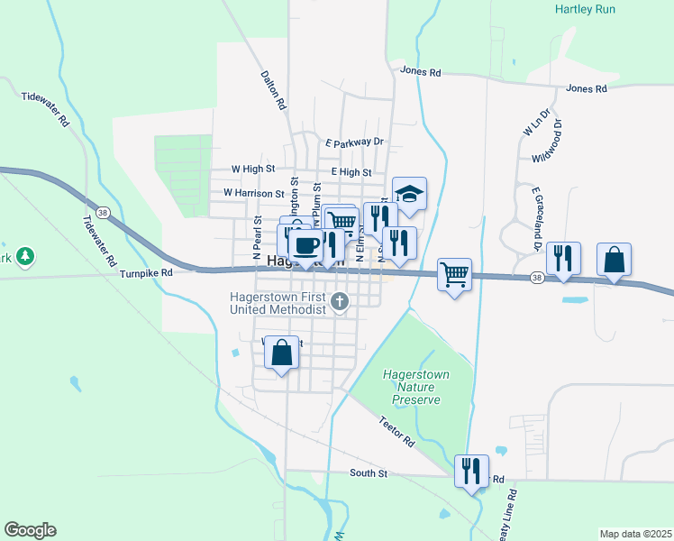 map of restaurants, bars, coffee shops, grocery stores, and more near South Perry Street in Hagerstown