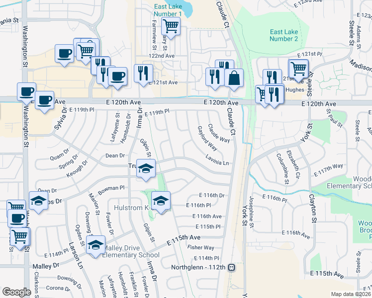 map of restaurants, bars, coffee shops, grocery stores, and more near 11818 Maiden Way in Northglenn