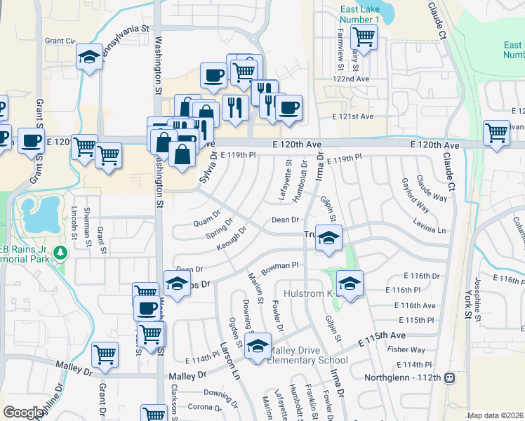 map of restaurants, bars, coffee shops, grocery stores, and more near 1349 Dean Drive in Northglenn