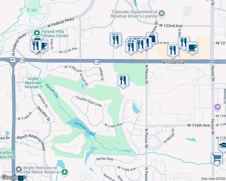 map of restaurants, bars, coffee shops, grocery stores, and more near in Northglenn