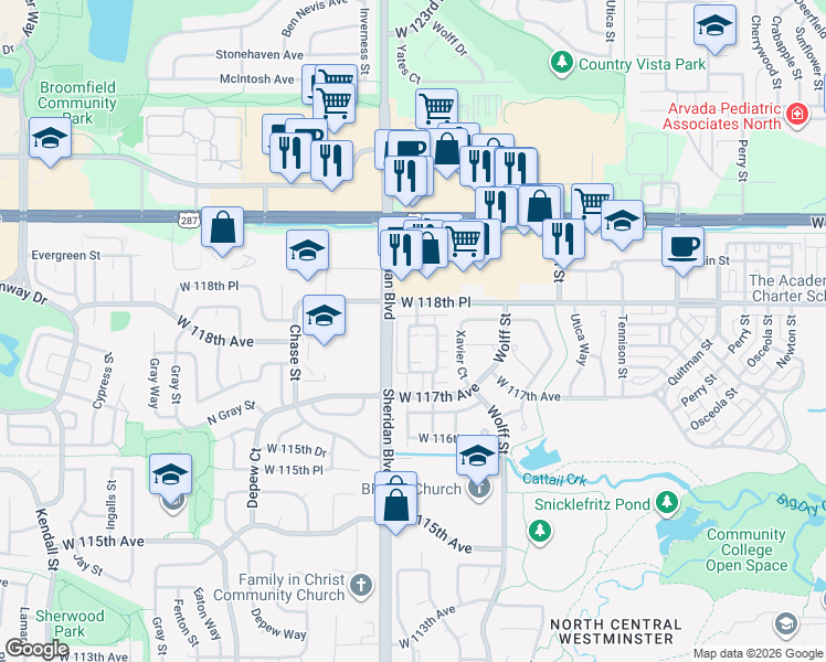 map of restaurants, bars, coffee shops, grocery stores, and more near 11777 Zenobia Loop in Westminster