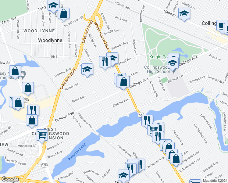 map of restaurants, bars, coffee shops, grocery stores, and more near 702 West Collings Avenue in Oaklyn