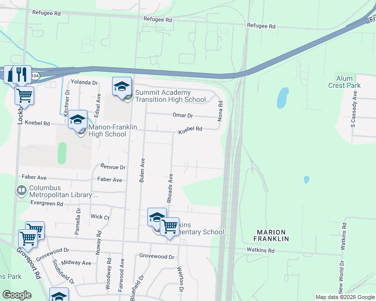 map of restaurants, bars, coffee shops, grocery stores, and more near 1640 Dewberry Road in Columbus