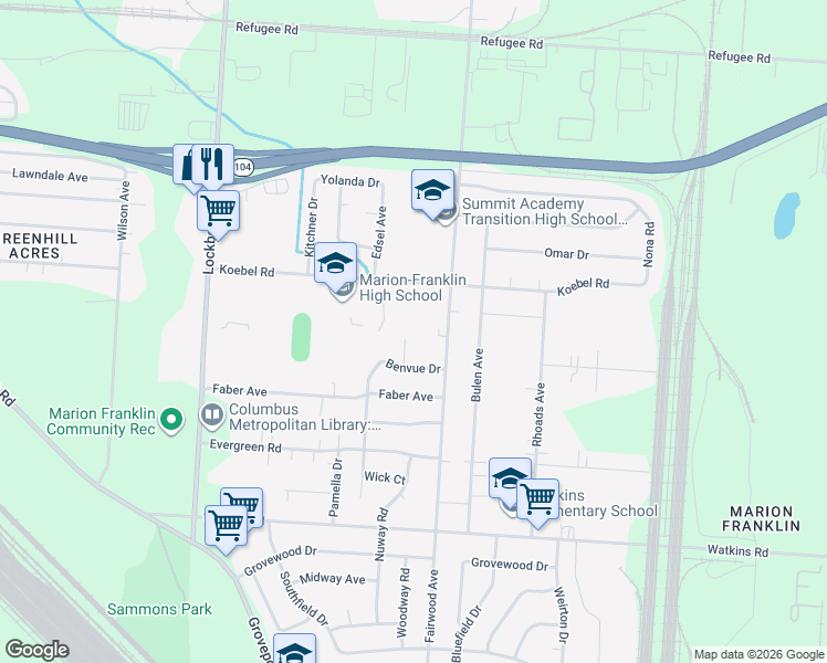 map of restaurants, bars, coffee shops, grocery stores, and more near 2675 Arcola Road in Columbus