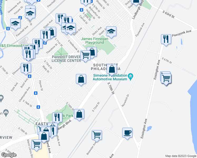 map of restaurants, bars, coffee shops, grocery stores, and more near 7023 Lindbergh Boulevard in Philadelphia