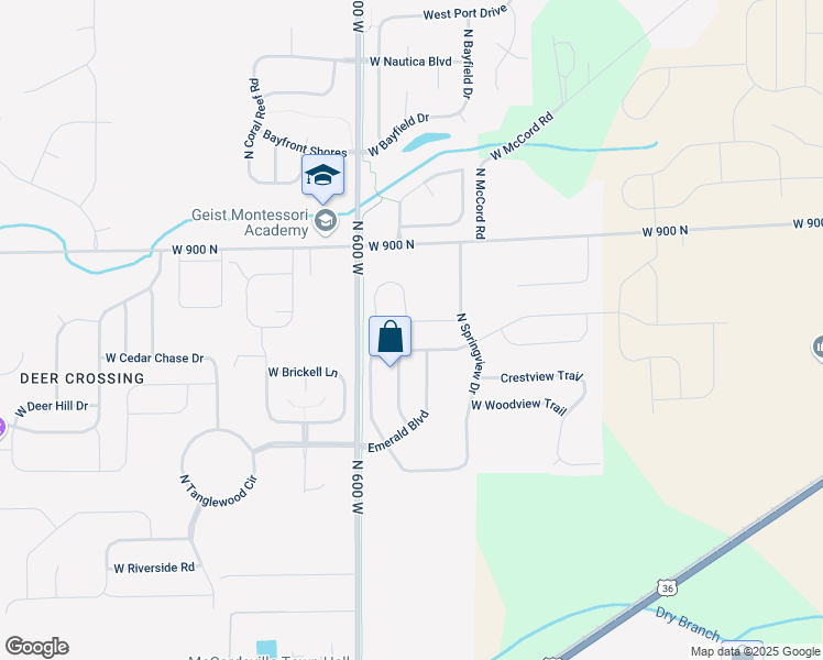 map of restaurants, bars, coffee shops, grocery stores, and more near 5871 West Commonview Drive in McCordsville