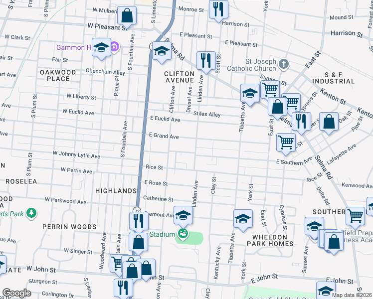 map of restaurants, bars, coffee shops, grocery stores, and more near 1212 Church Lane in Springfield