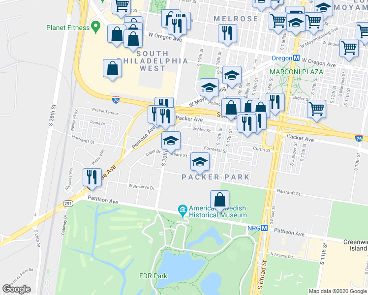 map of restaurants, bars, coffee shops, grocery stores, and more near 1920 Forrestal Street in Philadelphia