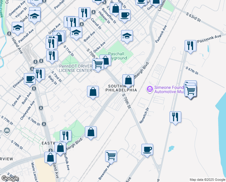 map of restaurants, bars, coffee shops, grocery stores, and more near 7023 Lindbergh Boulevard in Philadelphia